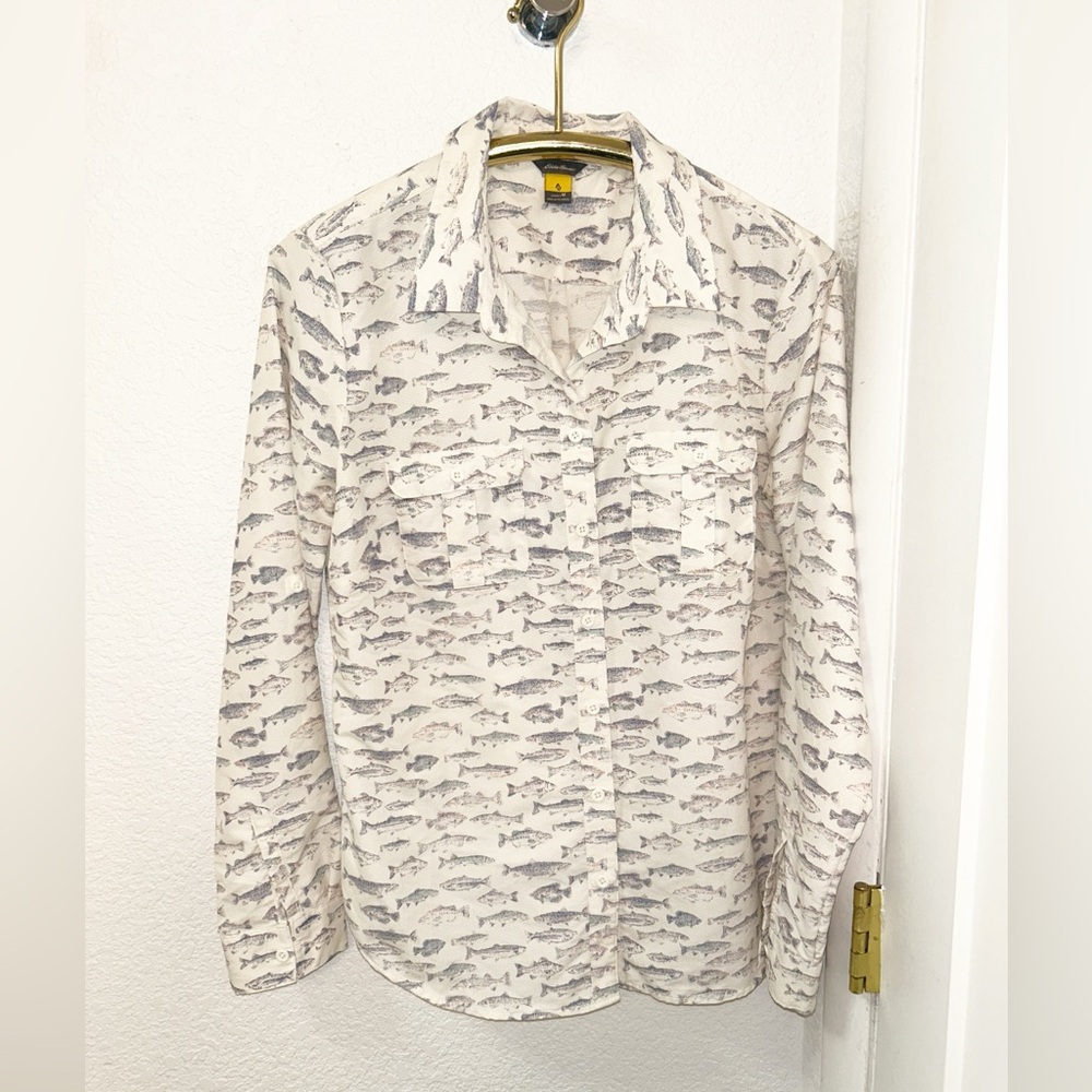 EDDIE BAUER vintage The Fish Sea life Button down sleeve Shirt Off-White SZ: M